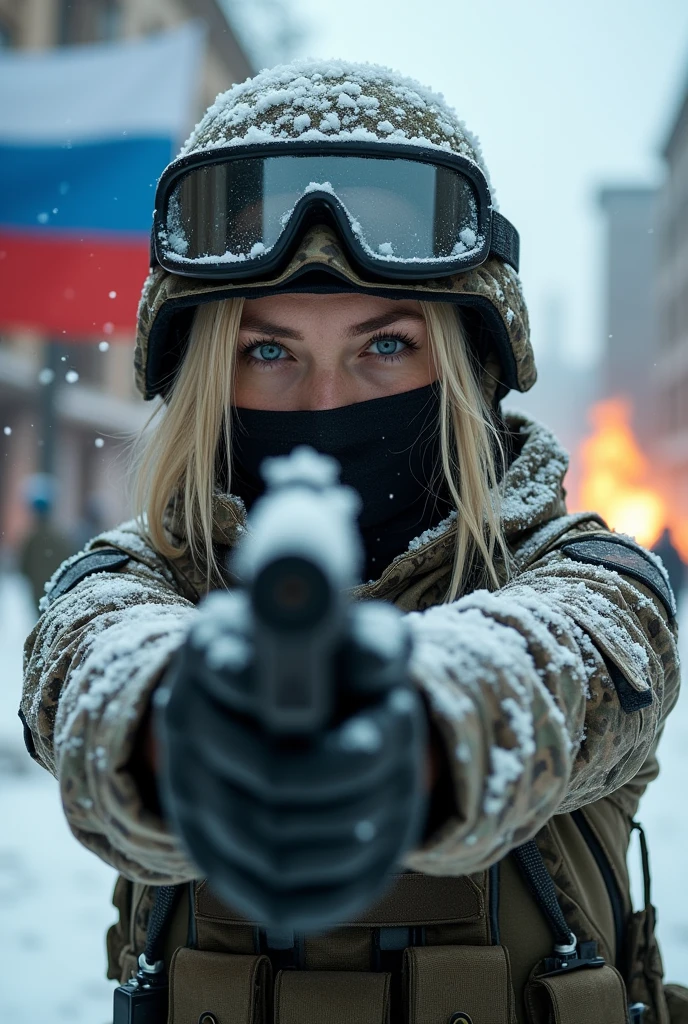 A Russian woman wearing military combat equipment of the General Staff of the Armed Forces of the Russian Federation Special Operations Forces of the Russian Federation standing with the muzzle of her Makarov Pistol (PM) automatic pistol pointed at my eyes, camouflage pattern military combat equipment covered with snow and ice, balaclava of black fabric covering mouth and nose, camouflage pattern military combat helmet, large clear military goggles are worn over the eyes, camouflage patterned bulletproof vest, black leather military gloves, blonde, long hair, blue eyes, piercing gaze, serious expression, white breath, urban area of Kiev destroyed by Russian invasion, city piled with rubble, explosion, flames, a large white, blue, and red tricolor Russian Federation flag flutters in the wind on the rubble