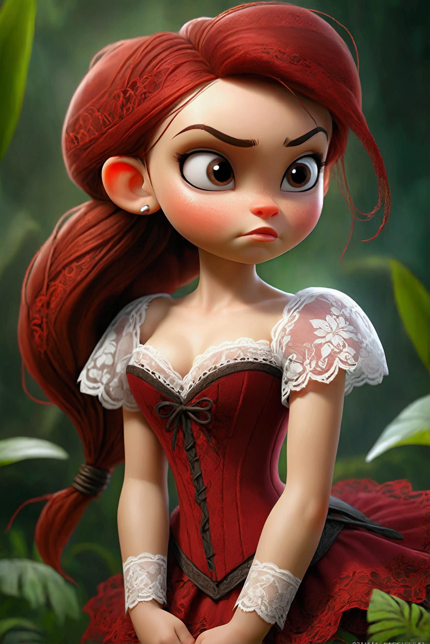  russian child girl, full body, pony tail, cute, petite, lace transparentdark red corset, lace transparent sexy stockung with pattern, sexy pose, masterpiece, best quality, 8k, detailed skin texture, detailed cloth texture, beautiful detailed face, intricate details, ultra detailed, in jungle