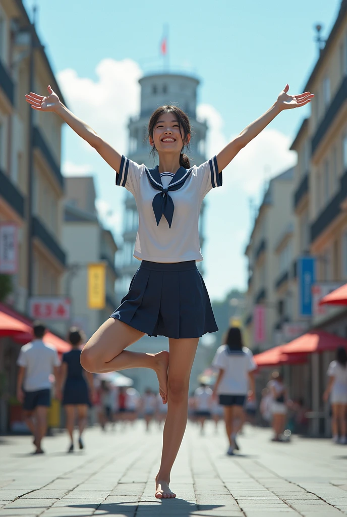 (16K, HDR, High resolution), ((((Full body photo,Raw photo, Hyperrealism, masterpiece, highest quality, ultra High resolution)))), (Pin Light, Backlight,Cinematic Light), ((((Japanese school girl uniform,Sailor suit,Skirt ped up by strong wind,Jump energetically,Dynamic pose),Cameties diggi pussy))), (Hyper Detfinely), 1 Korean Idol, (((Shooting from directly below,Panty shot,String-shaped es,Angle to look into pus)),(((Huge breasts,Very heaest,Well-formed face)tiful Goddess,Archaic Smile,A provocative smile,Small, plump lips, Straight and cute nose, A little redness on the cheekbones,Long and beautiful eyelashes,Beautiful Face,Narrow waist,Narrow waist,Perfect Style,Big Ass