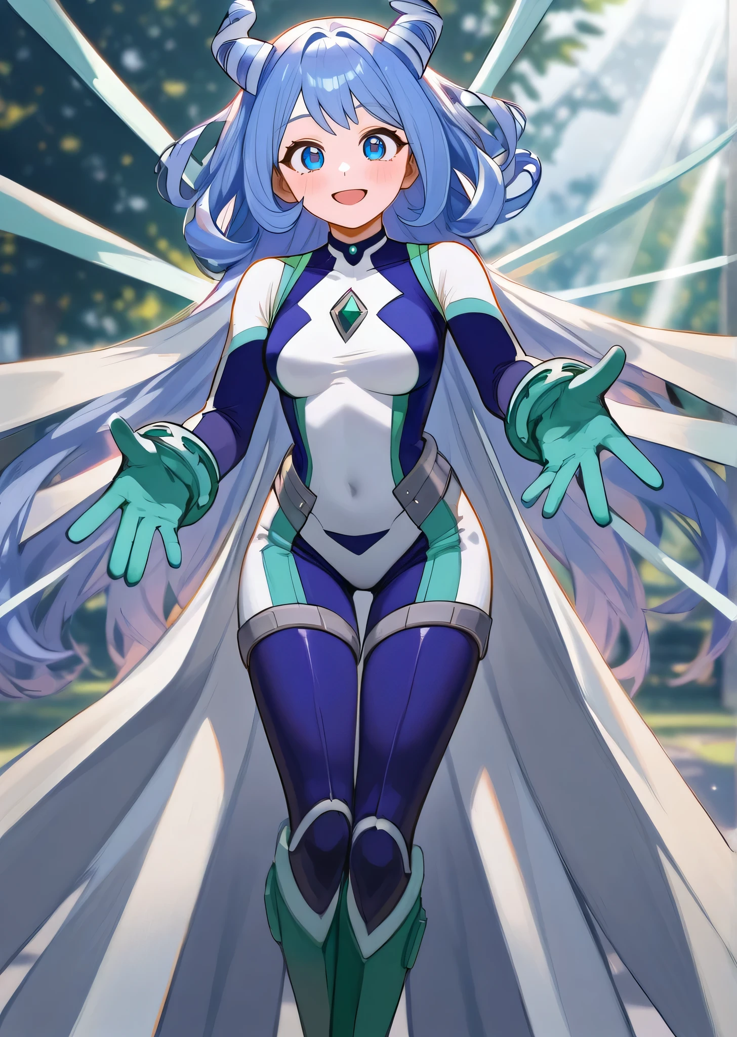 [nejire hadou], [My Hero Academia], ((masterpiece)), ((HD)), ((high res)), ((solo portrait)), ((front view)), ((waist up)), ((detailed shading)), ((cute anime aesthetic)), {(slim attractive figure), (cute bright blue eyes), (spiral hair horns), (long periwinkle blue hair), (long eyelashes), (curvy hips), (beautiful legs), (cute smile), (excited expression)}, {(hero costume), (full bodysuit)}, {(looking at viewer), (looking at viewer)}, [ambient lighting, park]