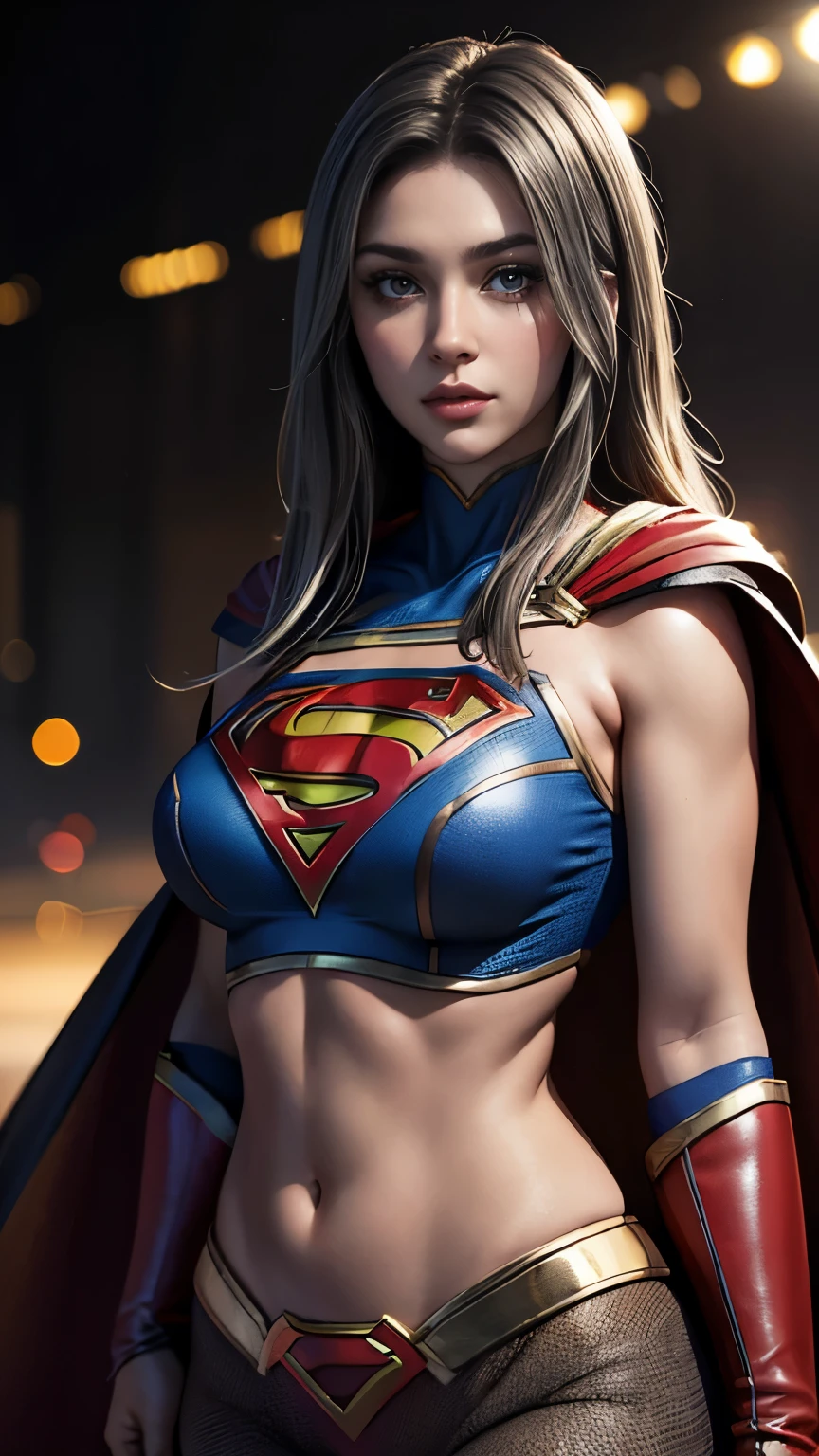 (best quality,masterpiece),(realistic), vivid colors, bokeh, studio lighting, sharp focus, professional, portrait, sexy_supergirl, detailed eyes, detailed lips, shoulder length dark hair, black and silver outfit, red cape, midriff, UHD 8K