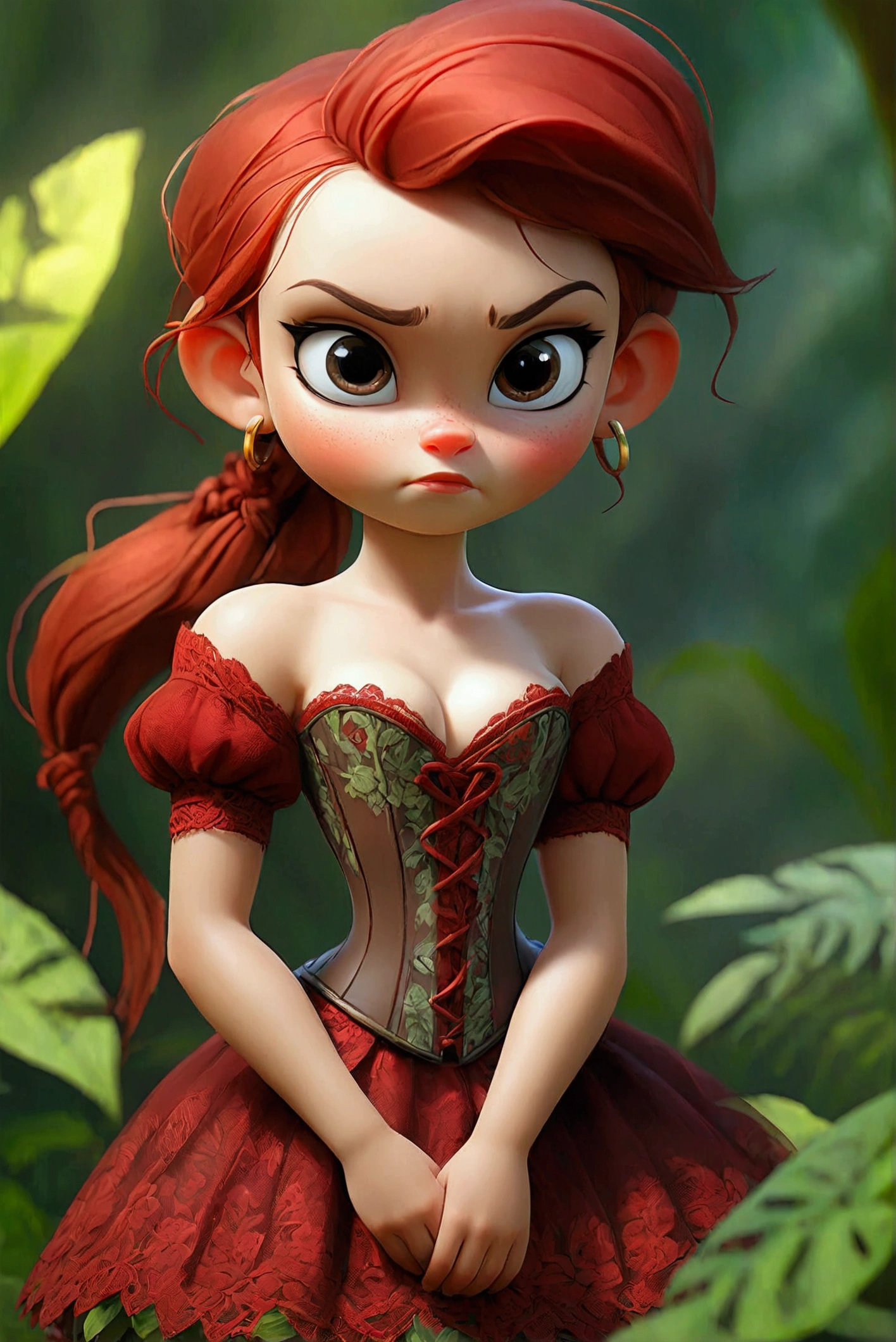  russian child girl, full body, pony tail, cute, petite, lace transparentdark red corset, lace transparent sexy stockung with pattern, sexy pose, masterpiece, best quality, 8k, detailed skin texture, detailed cloth texture, beautiful detailed face, intricate details, ultra detailed, in jungle