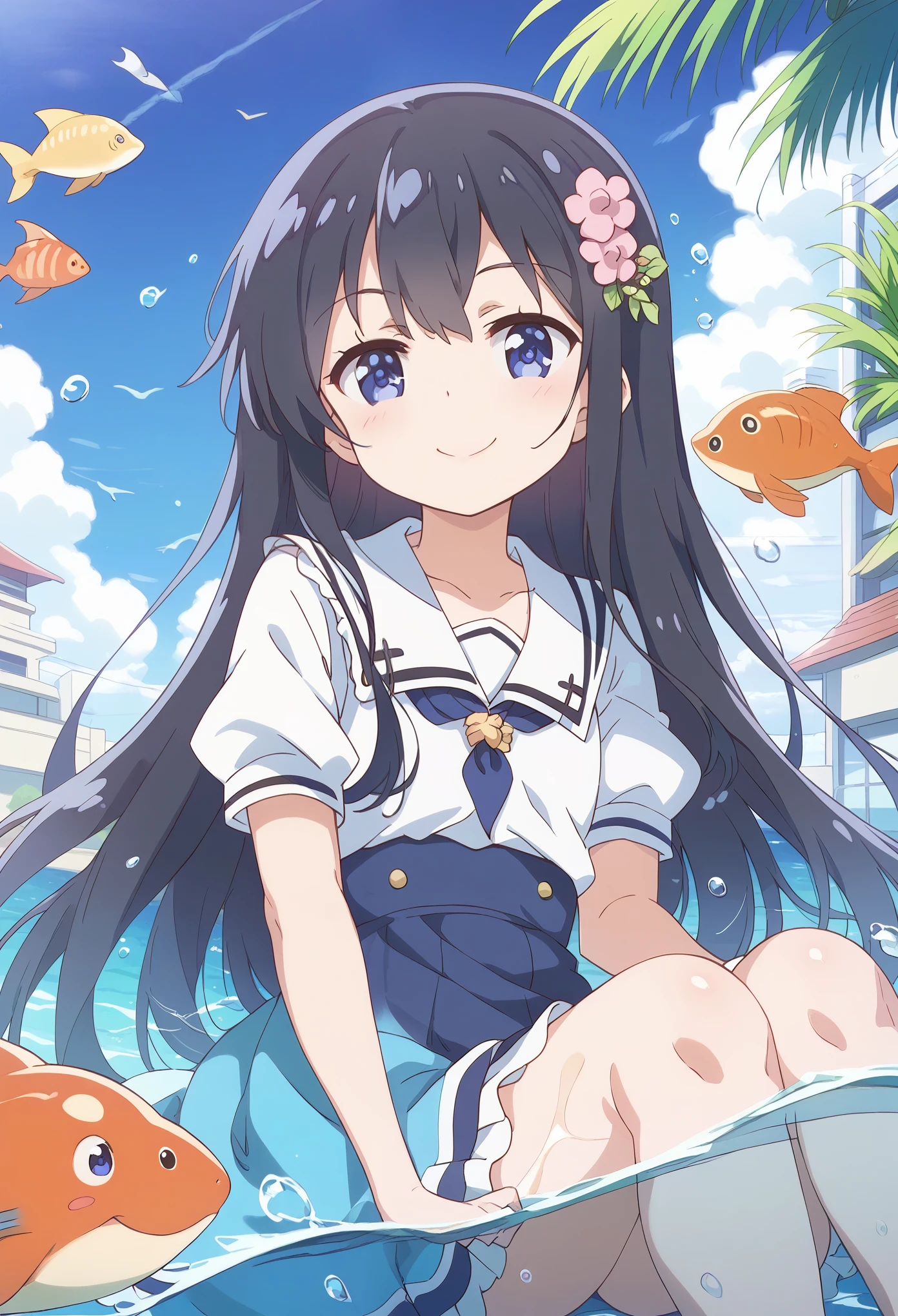 score_9, score_8_superior, score_7_superior, sauce_anime,masterpiece, Highest quality, High resolution, Highly detailed CG, Absurd, One girl, alone, watahana, Blue eyes, black hair, long hair, bangs, hair ornament, hair flower, pink flower, Beautiful little smile, ((Seaに)), (In the waterの白い大理石のギリシャ神殿), Girl Floating on Water, fish, Tyndall Light, Under the sea, Sea, In the water, Submerged water, Deep Sea Sinking, landscape