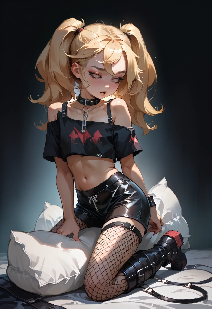 tight black latex bike shorts, loose off the shoulders red crop top, visible bra straps, 2, young adult, rebelious, thick black leather boots, very long blonde twintails, fishnet pantyhose, kneeling, humping her pillow