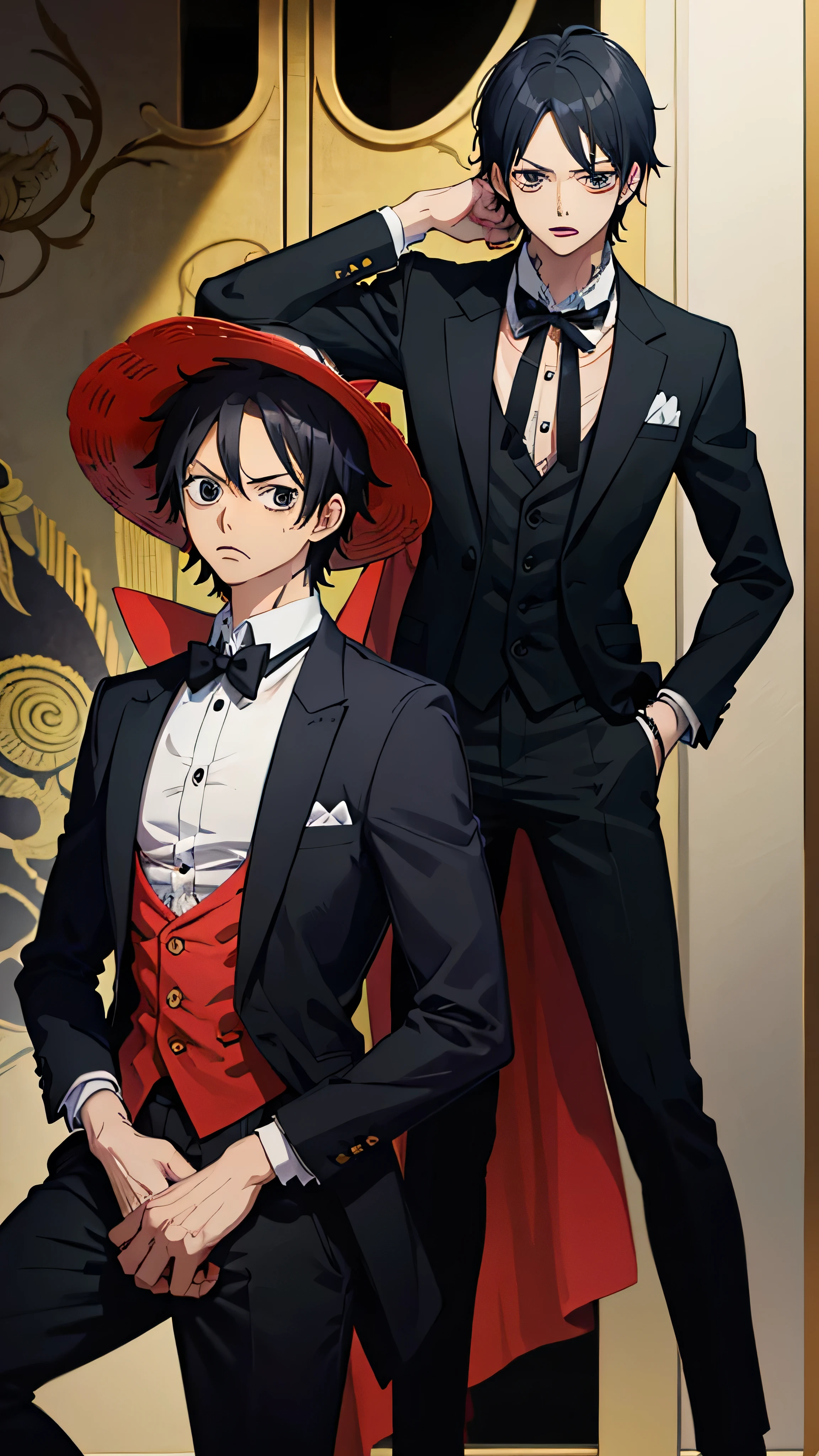 A anike character "Luffy" standing in a black tie event, wearing gentlemen suit, holding the vine bottle in hand, one piece anime character, anime character, anime cartoon, anime art, anime style, wearing hat