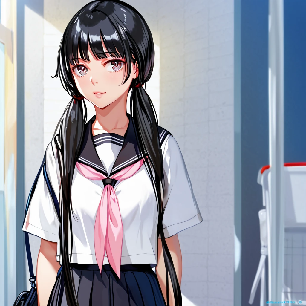 (High resolution, 8k, best quality, masterpiece, ultra detailed), anatomically correct, anime, 1girl, very long low twintails, red ribbon, very long low pigtails, black hair, serafuku, black sailor collar, white blouse, pink neckerchief, school, from front