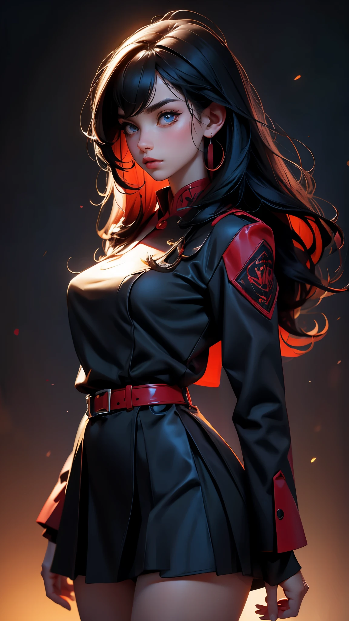 envision a 8k, highres, cinematic, beautiful extreme close up face Pinup of a sexy lady with a fluffy body,  strong face, strong jaw, skinny face, strong mature older face, (((long straight black hair))), side locks, long bangs, blue eyes, black and red JK uniform, JK skirt, ribbon, ((((1girl)))), in dark lighting, against a dark gray background