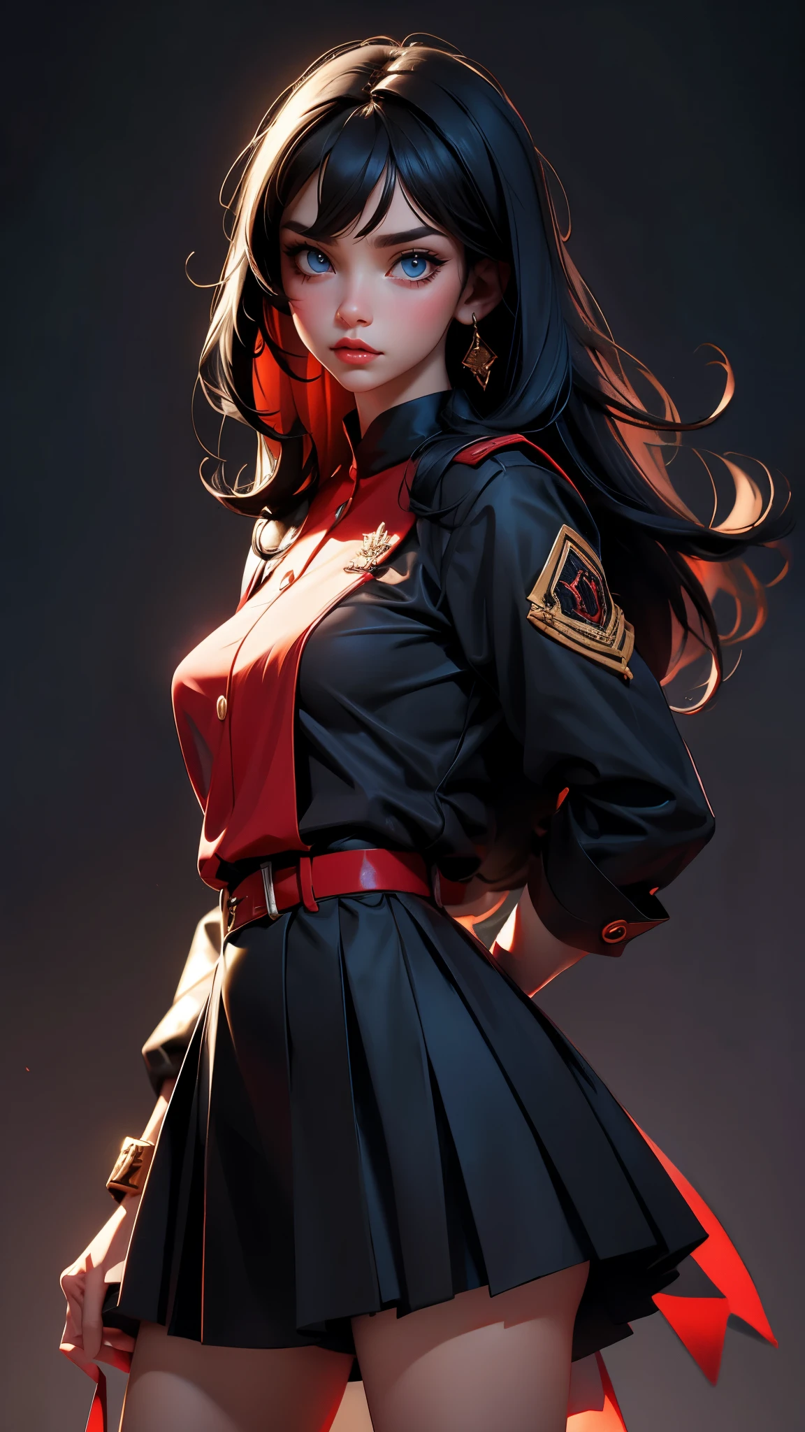 envision a 8k, highres, cinematic, beautiful extreme close up face Pinup of a sexy lady with a fluffy body,  strong face, strong jaw, skinny face, strong mature older face, (((long straight black hair))), side locks, long bangs, blue eyes, black and red JK uniform, JK skirt, ribbon, ((((1girl)))), in dark lighting, against a dark gray background