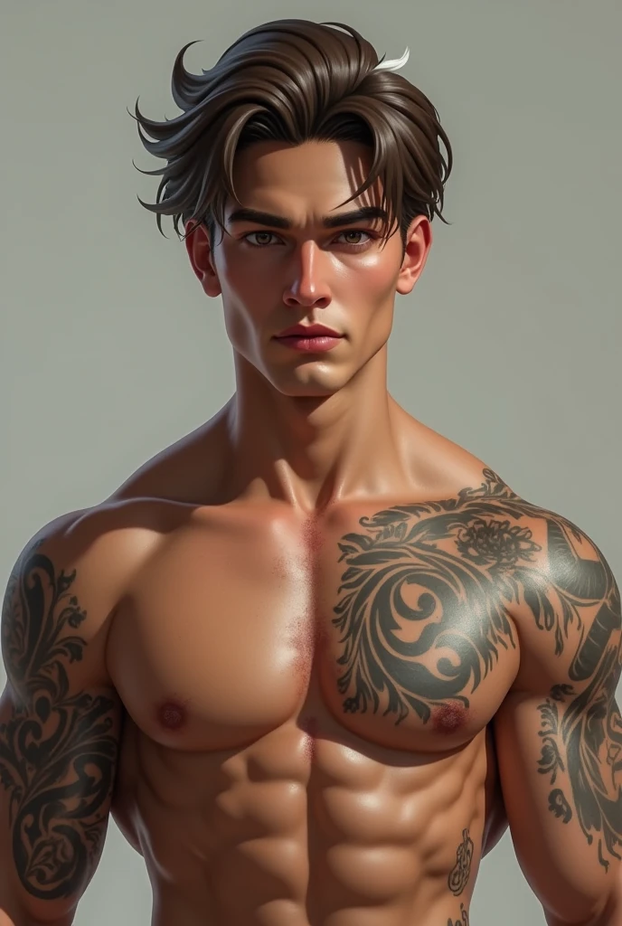 A young man, posing, gorgeous, muscular, black-eyed, shirtless, dark hair short undercut cut style disconnected, on a white background, black crown on his head, pink details
