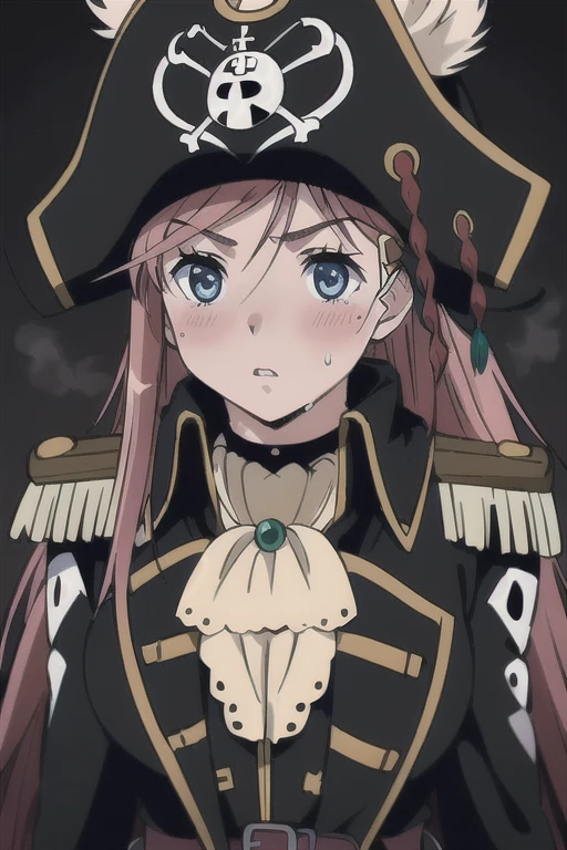 masterpiece, best quality, 1girl, detailed face and eyes, big breasts, cleavage, Katou Marika, (black pirate costume), long coat, belt, (black pirate hat), looking at the viewer, facing the viewer, (aroused facial expression), parted lips, blush, sweat, (simple dark background)