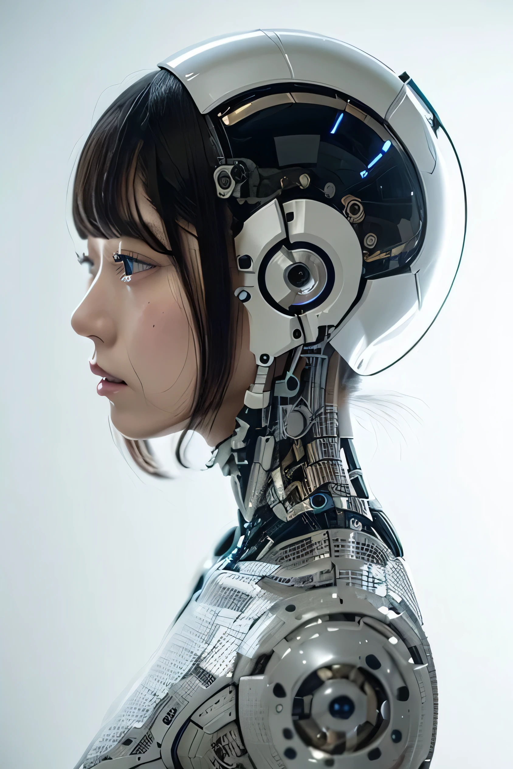 masterpiece, best quality, extremely detailed,  Japaese Cyborg girl,Plump , control panels,android,Droid,Mechanical Hand, Robot arms and legs, Black Robot Parts,Black hair,Mechanical body,Blunt bangs,White robotics parts,perfect robot girl,long tube,thick cable connected her neck,ceramic body ,mechanical body, mechanical ear cover, mechanical costume,android,robot,humanoid,cyborg,japanese android woman ,mechanical chest,blue eyes,future laboratory,connecting a cable between the legs,