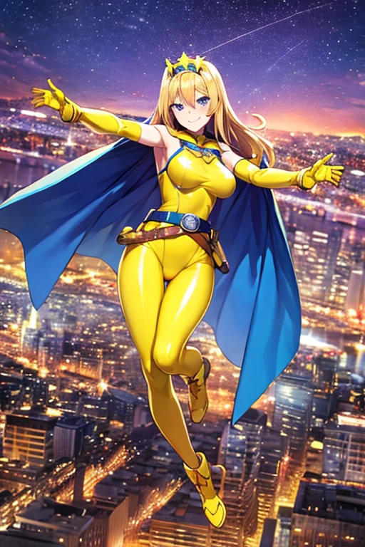 ((best quality)), ((masterpiece)), (detailed), 1 girl, Full body, 1, Smiling face, Blue eyes, Star-shaped tiara, Arms outstretched, Arms behind waist, Blue superhero mask, Blushing, Blonde hair, Straight hair, Long hair, Bangs, Hair ornaments, Star hair ornaments, Full body, Medium breasts, Slim body, Hands with yellow stars, Yellow wristbands, Long purple gloves, Blue gloves, Blue gloves, Yellow shoulder pads, Superhero costume, Superheroes, Yellow leotard suit, With a big yellow star in the center, Star emblem, Somewhat tight, Long yellow cape on waist, Red belt, Purple legs, Purple pantyhose, Long blue boots, Flying, City background, Anime