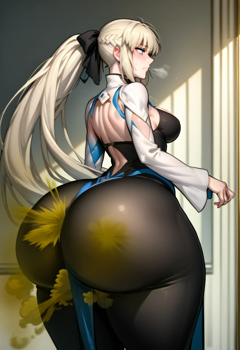 Highest quality, masterpiece, High Resolution, 1 girl, long hair, grey hair, blue eyes, very long hair, ponytail, black ribbon, hair ribbon, french braid, short dress, detached sleeves, cleavage, clothing cutout, detached collar, pelvic curtain, black bodysuit, Ass, hyper Ass, huge Ass, big ass, wide hip, fart, farting, yellow_smoke, yellow_gas, sprays, ass focus,