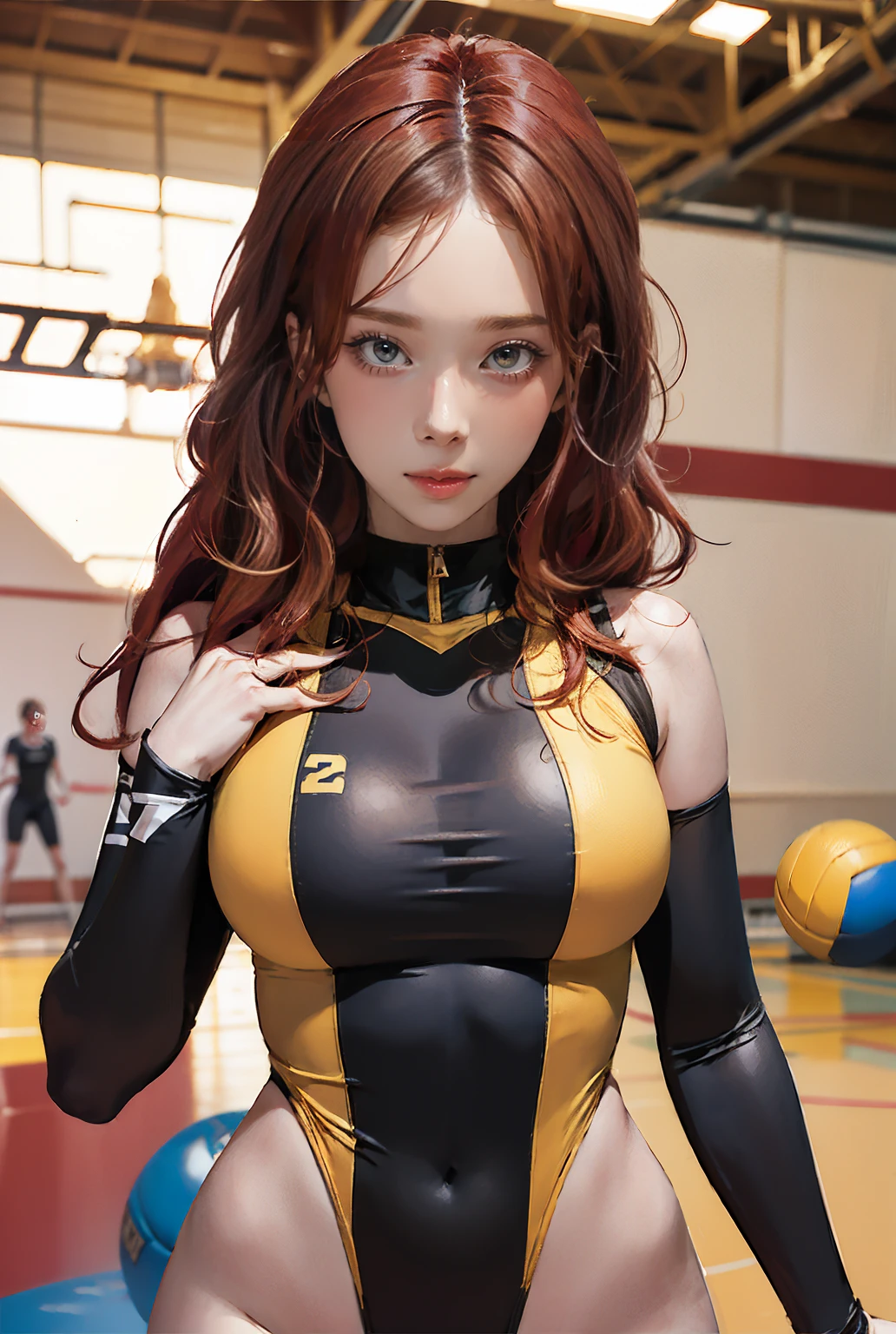 Bright colors, saturated color, colorful, 1 girl, Beautiful Face, black and orange volleyball uniform, Long Hair, Redhead, Golden Eyes, Indoor volleyball court background, Better Quality, artwork, Sensual pose, But confident,NSFW,Large Breasts, Tight waist