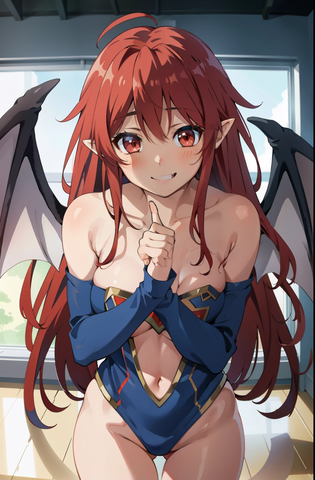 MariSetogoya, 1girl, smile, solo, long hair, red eyes, red hair, wings, pointy ears, fang, bat wings, demon wings, looking at viewer, blush, smile, large breasts, collarbone, standing, dynamic pose, 8k, masterpiece, best quality, absurdres, perfect anatomy, cinematic lighting, cowboy shot, (supergirl costume:1.1), Model Face