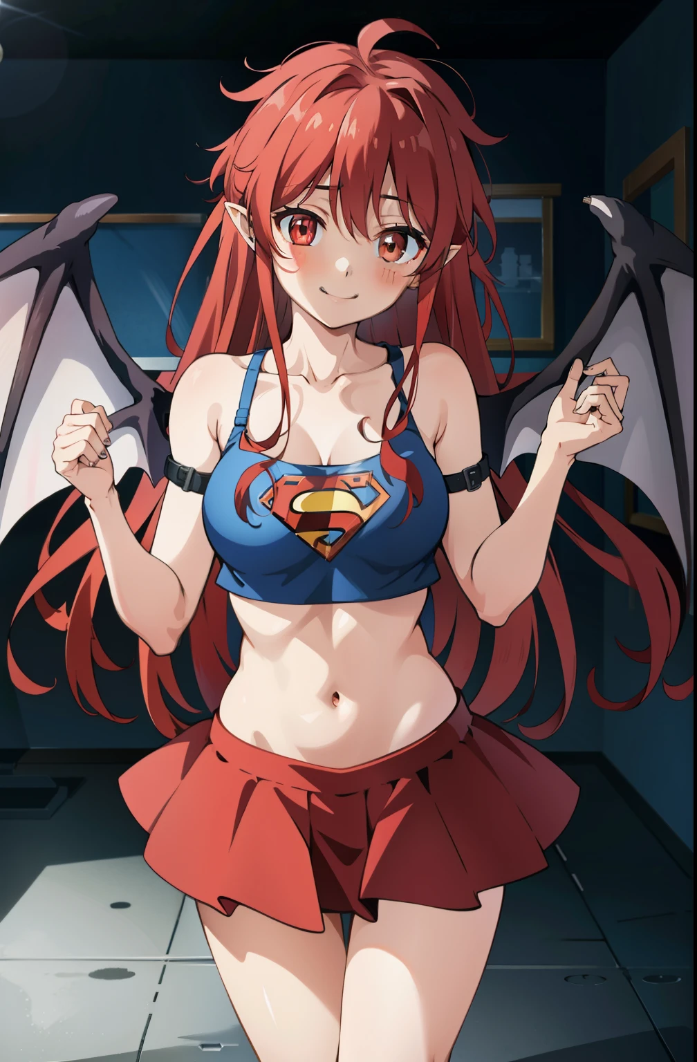 MariSetogoya, 1girl, smile, solo, long hair, red eyes, red hair, wings, pointy ears, fang, bat wings, demon wings, looking at viewer, blush, smile, large breasts, collarbone, standing, dynamic pose, 8k, masterpiece, best quality, absurdres, perfect anatomy, cinematic lighting, cowboy shot, (supergirl costume:1.1), Model Face