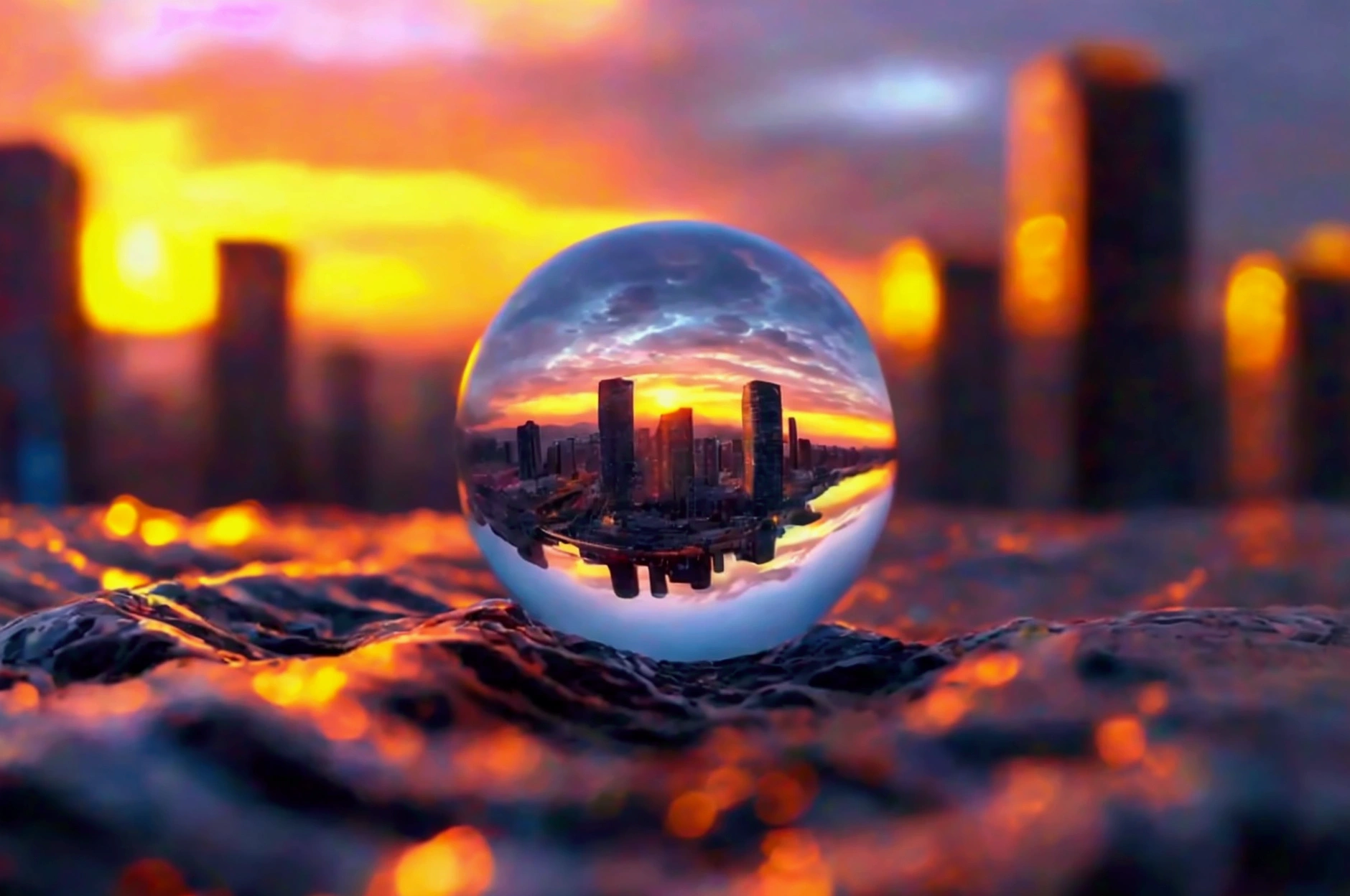 mini(Ttp), (8k, raw photo, Best Quality, masterpiece:1.2), colorful background, clean background, depth of field, city, tall building, thumbnail, landscape, isometric,in crystal ball, 16:9, playa, Waves