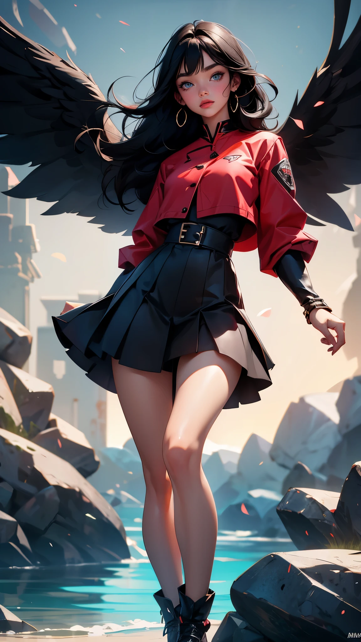 envision a 8k, highres, cinematic, beautiful full body view Pinup of a sexy lady with a fluffy body, strong face, strong jaw, skinny face, strong mature older face, (((long straight black hair))), side locks, long bangs, blue eyes, black and red JK uniform, JK skirt, ribbon, large black wings, ((((1girl)))), in dark lighting, against a dark gray background