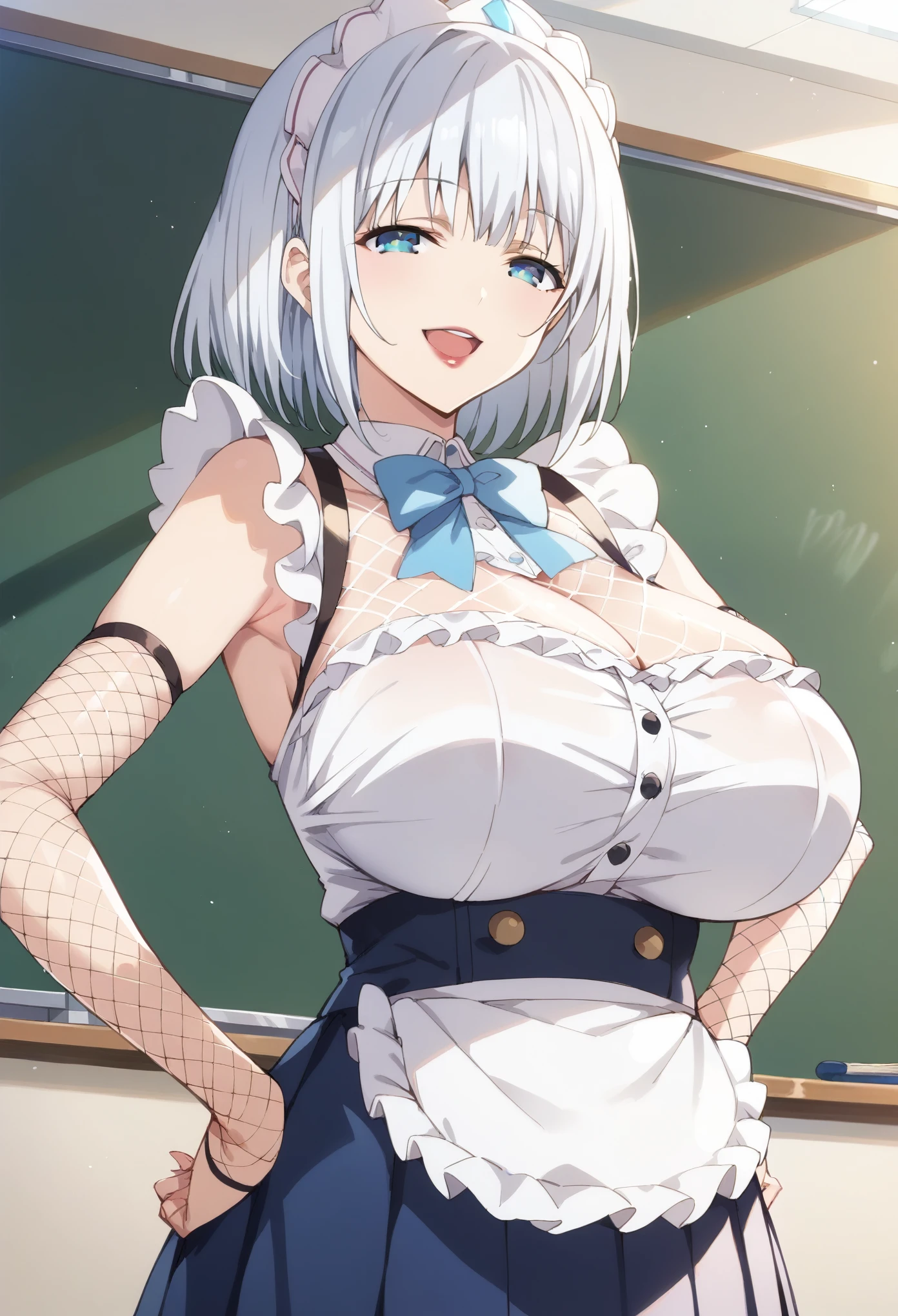 score_9, score_8_up, score_7_up, source_anime, masterpiece, best quality, extremely detailed, 1girl, milf, solo, origami tobiichi, (huge breasts), ((((white hair), long hair, bangs, blue eyes, half-closed eyes))), red lips, (((frilled bikini, pleated skirt, medium blue skirt, waist apron, frilled apron, fishnet pantyhose, elbow gloves))), ((naughty smile), open mouth), ((motherly, hands on own hips, classroom))