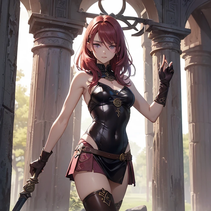 (((wild leather armor))) (((pretty woman))) ((theme fantasy))) (((female Hunter))) (((bow in hand))) (((archery quiver on back))) (((big boobs))) (((short red hair))) (((full body and stand up))) (((woman in florest))) (((dense florest))) (((green tribal body tattoo))) (((close up in face))) (((1 woman))) (((alone)))