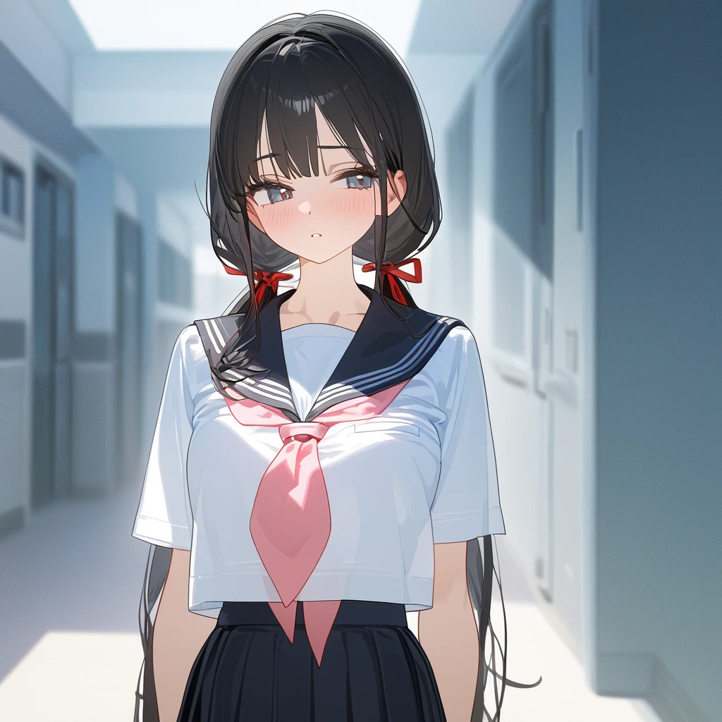 (High resolution, 8k, best quality, masterpiece, ultra detailed), anatomically correct, anime, 1girl, very long low twintails, red ribbon, very long low pigtails, black hair, serafuku, black sailor collar, white blouse, pink neckerchief, school, from front