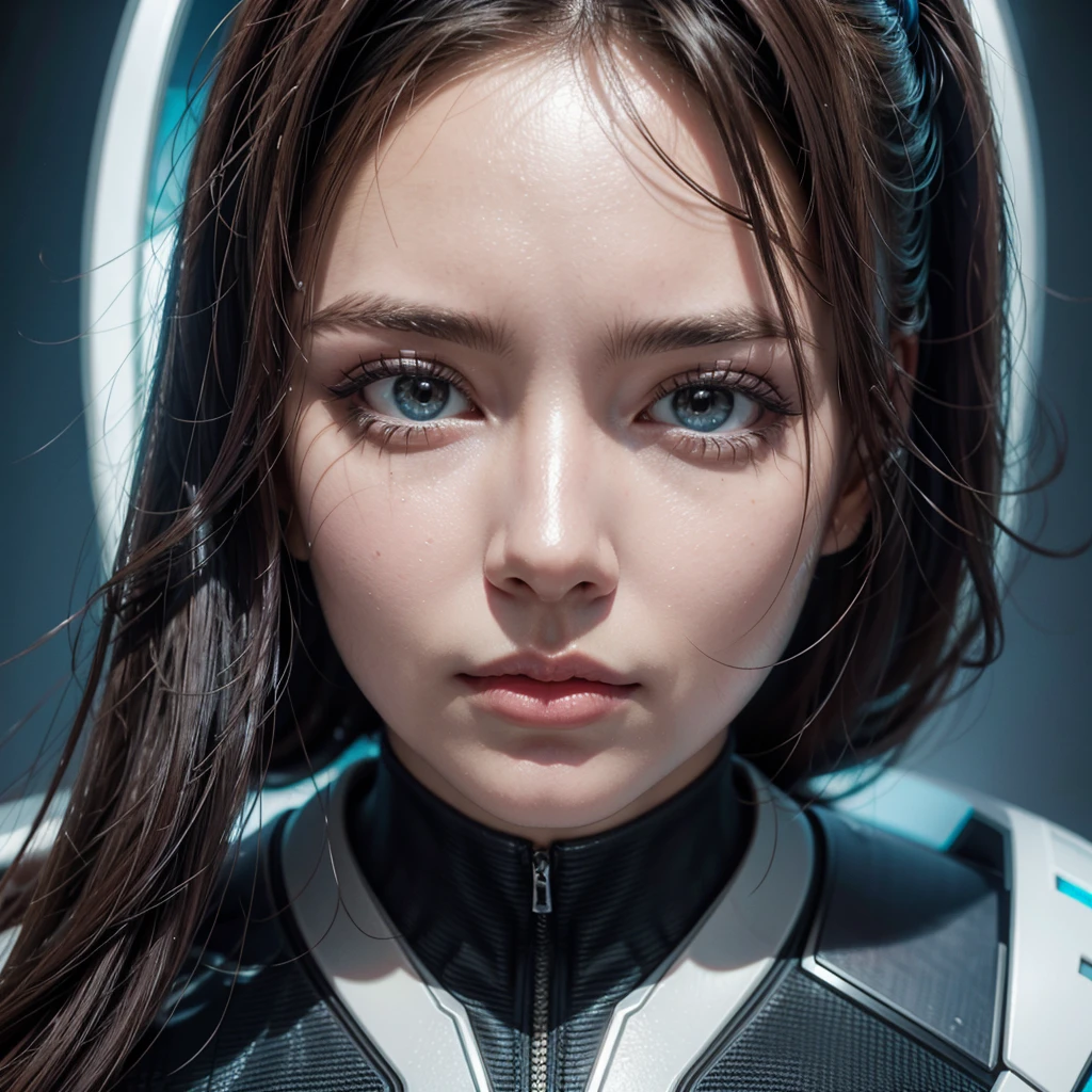 Close up of face of a woman in futuristic costume about 30 years old