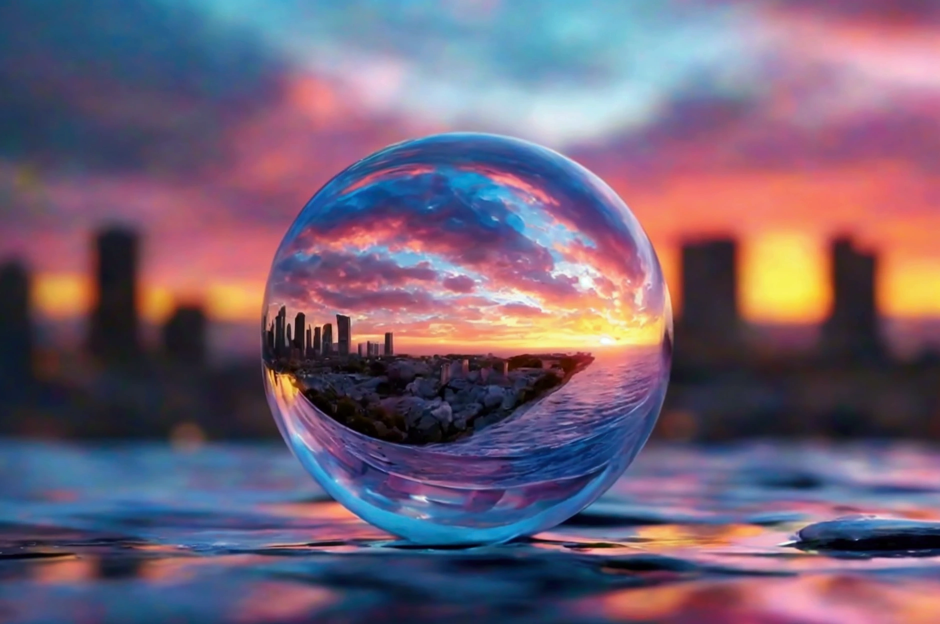 mini(Ttp), (8k, raw photo, Best Quality, masterpiece:1.2), colorful background, clean background, depth of field, city, tall building, thumbnail, landscape, isometric,in crystal ball, 16:9, playa, Waves