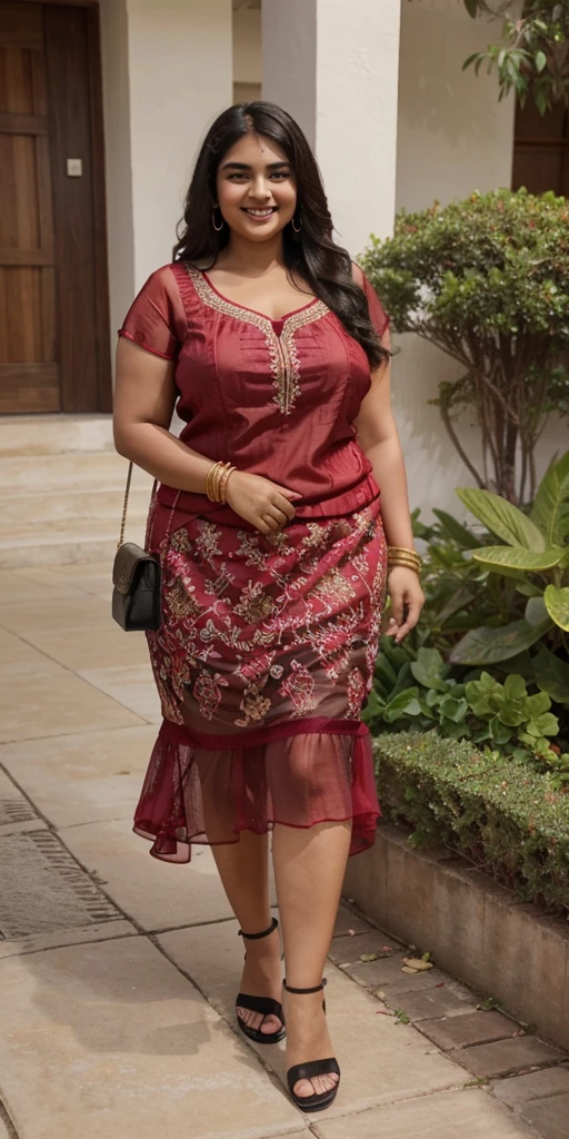 Day scene, A radiant, full-figured South Indian 35 year old aunty a red colour chiffon mini skirt and black chiffon shirt, standing, in a garden captured in a full-body image with vibrant hues and meticulous details. Full body image