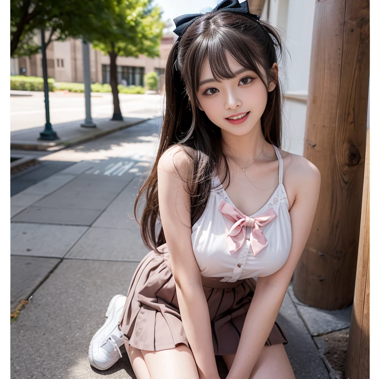 (Best Quality),(4K),(in 8K),(hight resolution),(Top image quality),cute little,1 girl in,独奏,Bright eyes、20 years old, College student、Disney land、white shirt、Clothes without patterns、 Dark blue mini skirt、I almost saw my panties.、Emphasized chest、Chest open、sexypose、summertime、tits out、Colossal tits 、I can see the cleavage、Twintails with brown hair