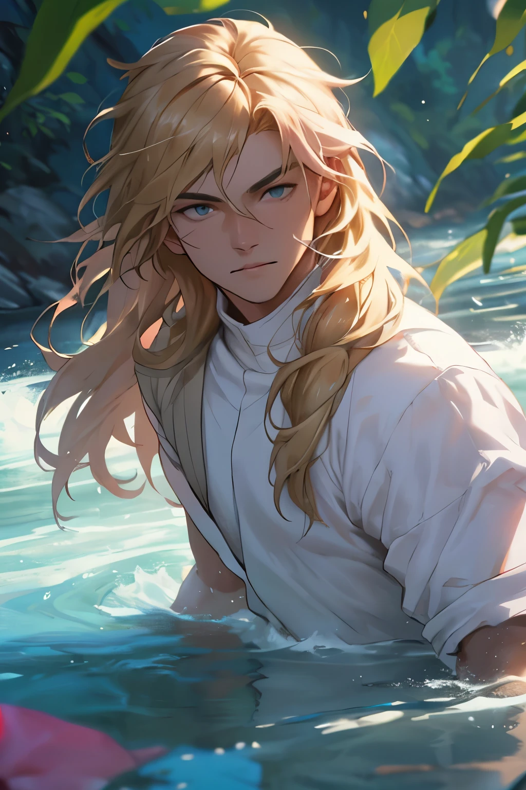 (8k, best qualityer, work of art:1.2),(best qualityer:1.0), (ultra high resolution:1.0), handsome man with long blond hair, his eyes are pink and he is in a very beautiful river