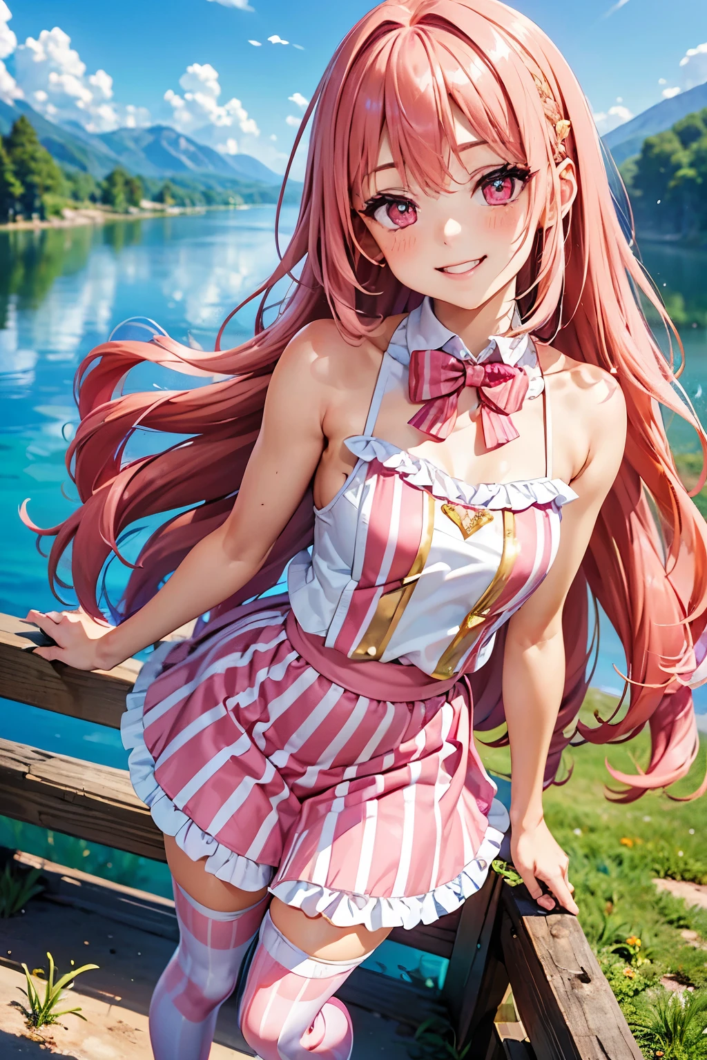 best quality, (masterpiece:1.3), absurdres, highres,16k, ultra high res, official art, illustration, extremely detailed, 1girl, solo, 20yo, 
delicate lines tailed face, (long hair1.2), (straight hair1.8), (beautiful (coral pink) hair:1.2), (shiny hair:1.2), (beautiful (gold) eyes:1.2), (shiny eyes:1.2), (small breasts), (gleaming skin:1.4),
POV, standing, happy smile,
(magenta top (pink vertical striped:1.3)), (emerald-green skirt (white frilled:1.2)), ((pink and magenta) thighhighs:1.2), ruby tiara,
outdoors, (illusory lake:1.5),