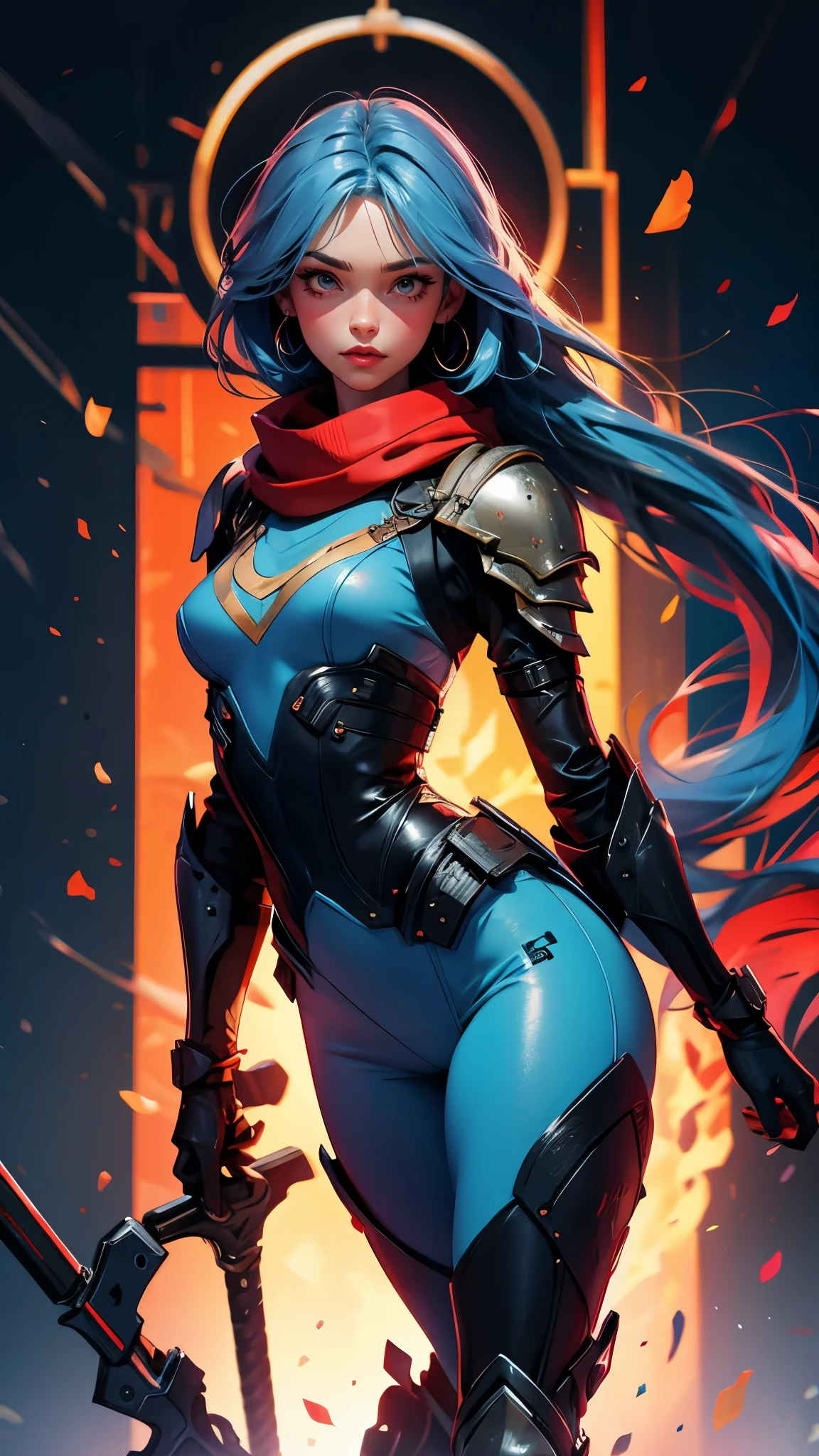 envision a 8k, highres, cinematic, beautiful full body view Pinup of a sexy lady with a tall slender body, strong face, strong jaw, skinny face, strong mature older face, (((long blue hair))), side locks, long bangs, red eyes, thin leather armor, scarf, gear, boots, ((((1girl)))), in dark lighting, against a dark gray background