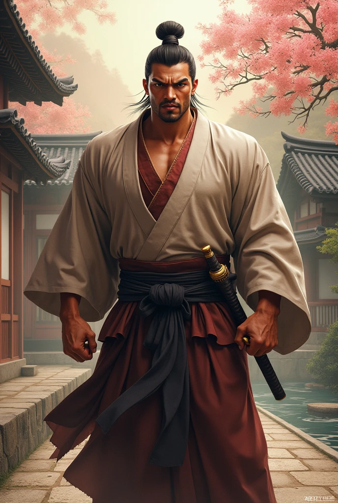 a Black man was a samurai, yellow clothes, a katana, raining drops, sunset, ultra realistic, hd, natural lighting, highly detailed,8k
