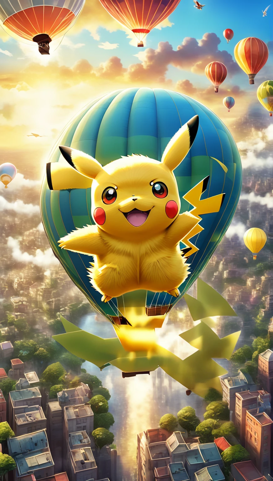 Pokémon Pikachu flying over a city with a hot air balloon, illustration Pokémon, high detailed Obra oficial, mika pikazo, Pikachu, concept art of Pikachu, Pokémon, fondo de pantalla de alta definición, fondo de pantalla 4k, fondo de pantalla 4k, Pokémon, papel tapiz de alta calidad, Obra oficial, anime fondo de pantalla 4k, anime fondo de pantalla 4k, Arte digital 4k muy detallado, Fondo de pantalla animado 4K