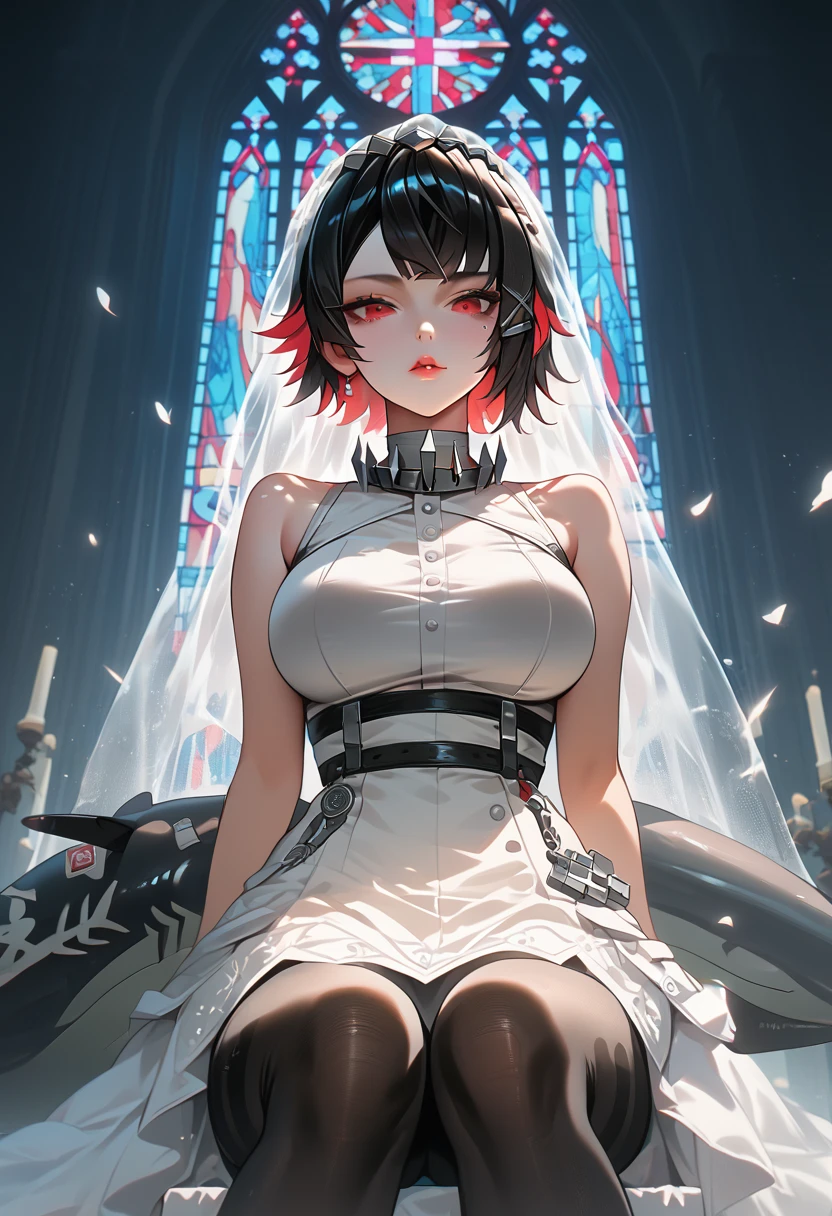 masterpiece，high resolution，Anime Art，Anime Numbers， 4k anime wallpaper，Radiant Skin，Looking at the camera，Solitary，An anime girl，Sitting，Lips up，White Wedding Dress，Black short hair，Striped hair，Red eyes，Big breasts，Black pantyhose，Black shark tail，Colorful glass，church