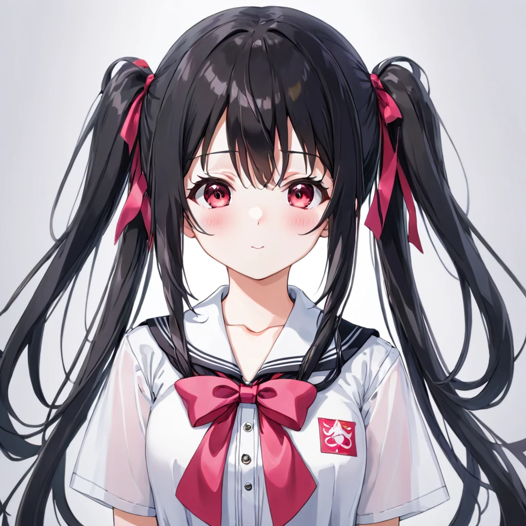 (High resolution, 8k, best quality, masterpiece, ultra detailed), anatomically correct, anime, 1girl, very long low twintails, red ribbon, very long low pigtails, black hair, serafuku, black sailor collar, white blouse, pink neckerchief, school, from front