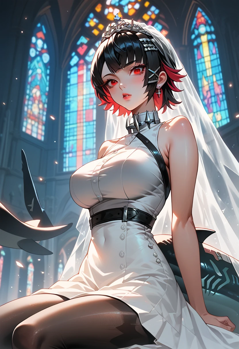 masterpiece，high resolution，Anime Art，Anime Numbers， 4k anime wallpaper，Radiant Skin，Looking at the camera，Solitary，An anime girl，Sitting，Lips up，White Wedding Dress，Black short hair，Striped hair，Red eyes，Big breasts，Black pantyhose，Black shark tail，Colorful glass，church