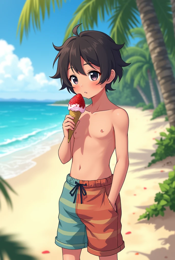 Kingdom hearts、((sky))、One young boy、cute、Blue Eyes、Spiky hair、Swimwear、Brown Hair、Gazing at the sea、Active、Tropical、beach、Groin bulge、Pinned nipples、(sitting and eating a square of blue ice cream)high resolution