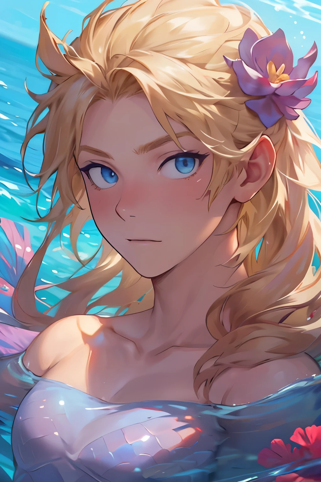 (8k, best qualityer, work of art:1.2),(best qualityer:1.0), (ultra high resolution:1.0), young boy, 精致的面容, long blonde hair with lilac highlights, your eyes are blue, lilac scales, lilac mermaid tail in an ocean with beautiful corals, face and bust focus 