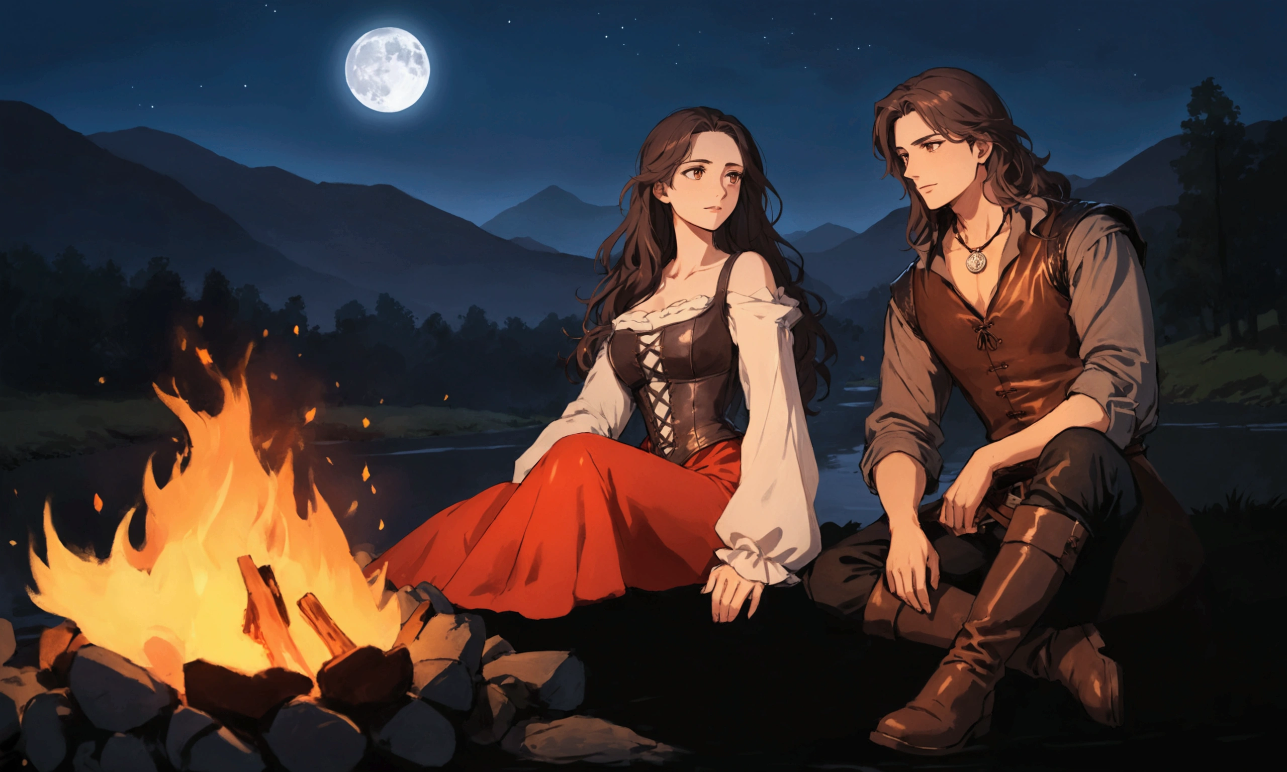 masterpiece, best quality, perfect face, anime, (expressive eyes), campfire, night scene, two people in the grass sitting by the fire staring at each other affectionably. medieval fantasy renaissance. woman on the left wearing red dress with a leather corset and long open shoulder sleeves, she have black wavy hair and brown eyes. man, manly build, on the right wearing grey shirt with a leather vest, black pants and boots, he have long wavy brown hair falling over his shoulders and brown eyes, silver medallion around his neck. campfire in front, dark silhouettes of trees, mountains and a river flowing in the background, deep blue sky replete of starts and a full moon, soft natural lighting from the fire, warm and cozy atmosphere, low angle, balanced exposure