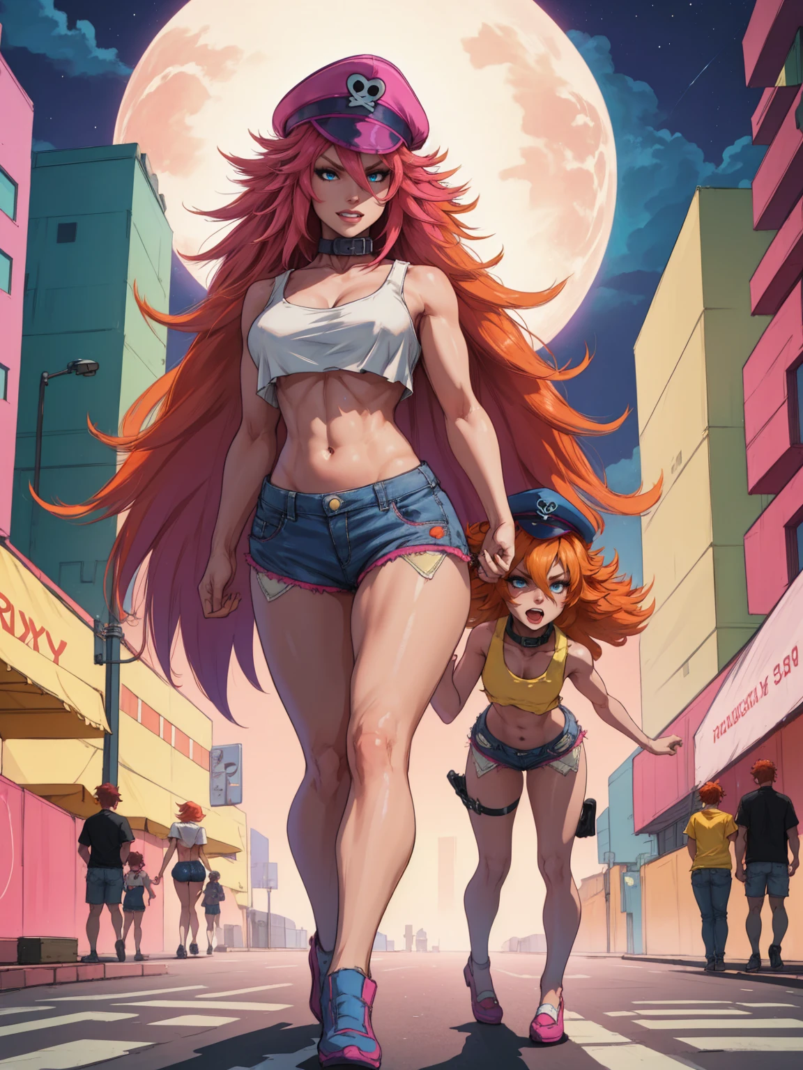 ( two girls, Poison Kiss and Roxy) poison,pink hair,blue eyes ,long hair, white crop top,single elbow glove,collar,short shorts, peaked cap, whole body, walking, roxy ,orange hair,blue eyes ,long hair, white crop top,single elbow glove,collar,short shorts, peaked capsmile,looking at viewer, night,neon lights,streets, (insanely detailed, masterpiece, best quality),