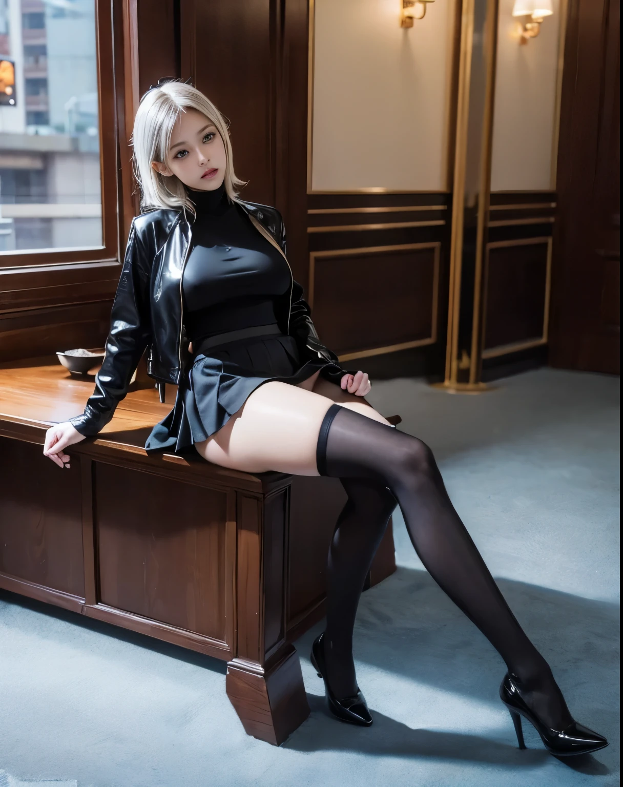 masterpiece, Highest quality, Realistic, 1 girl, Luxury Hotel Lobby, Backwards, Butt sticking out pose, Voluptuous waist, night, Rider jacket and micro skirt, The lower half of the breast is sticking out from the clothing, Female Spy, Beautiful medium hair, Silver Hair, Big Ass, Realistic美しいlegs, Clothes with a wide open chest, stockings, Protruding nipples, My whole body is sticky with body oil, A well-trained body, Abdominal muscles, Professional Lighting, Glowing Skin, Full body photo including toes