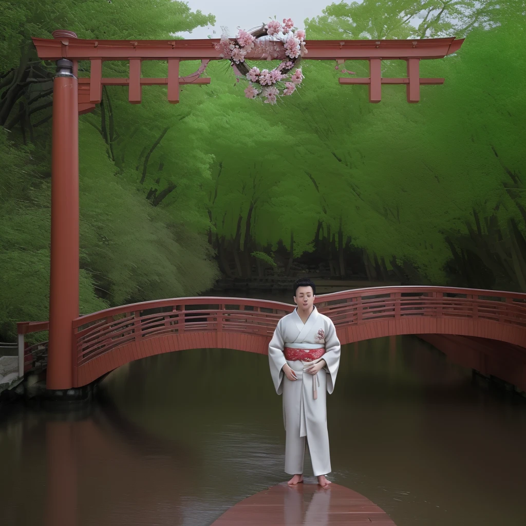 Extremely detailed CG unity 8k wallpaper, Practical, Made by Guido Daniele, wearing kimono_clothing, Wooden bridge, Sakura Gate, wreath,lace-trimmed kimono, Brick Road, Slippery road, Clogs, Two-toed socks， boys，Babys，Baby boy