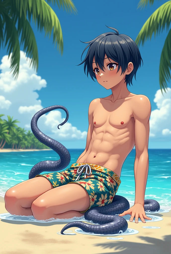 anime boy sitting on a beach with a crab in his hand, in the beach, at the beach, anime moe artstyle, at a beach, tsunami behind him, official art, kawacy, anime boy, sitting at the beach, on a beach, rin, 8k!, handsome anime pose, wallpaper anime blue water, zerochan art, beaching, no swimming trunks naked, butt exposed