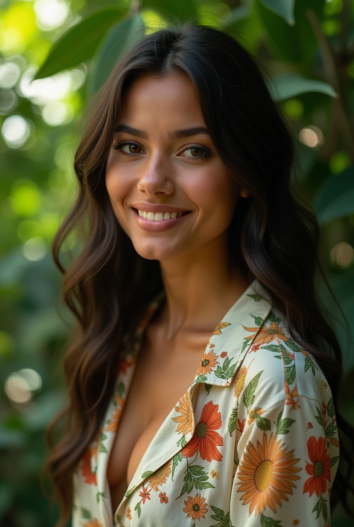 A Brazilian woman in a lush tropical garden, wearing an open shirt with a floral print, with a close-up capturing the harmonious beauty between her breasts and the natural flowers, showing off your natural charm and outgoing personality.