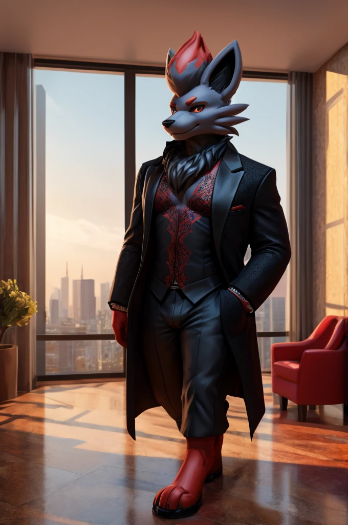 work of art, high qualiy, 4K, beautiful design, Ablaze, Furry, zorua, male, Waering a Blazer, Showing extremely detailed chest, incredible, fine-details, hyperrealisti, 3d, octane rendering, standing alone, tecido Ablaze, posing in an apartment overlooking the sky, Black Embroidery, (by_KuroPenguinEX:1.3)