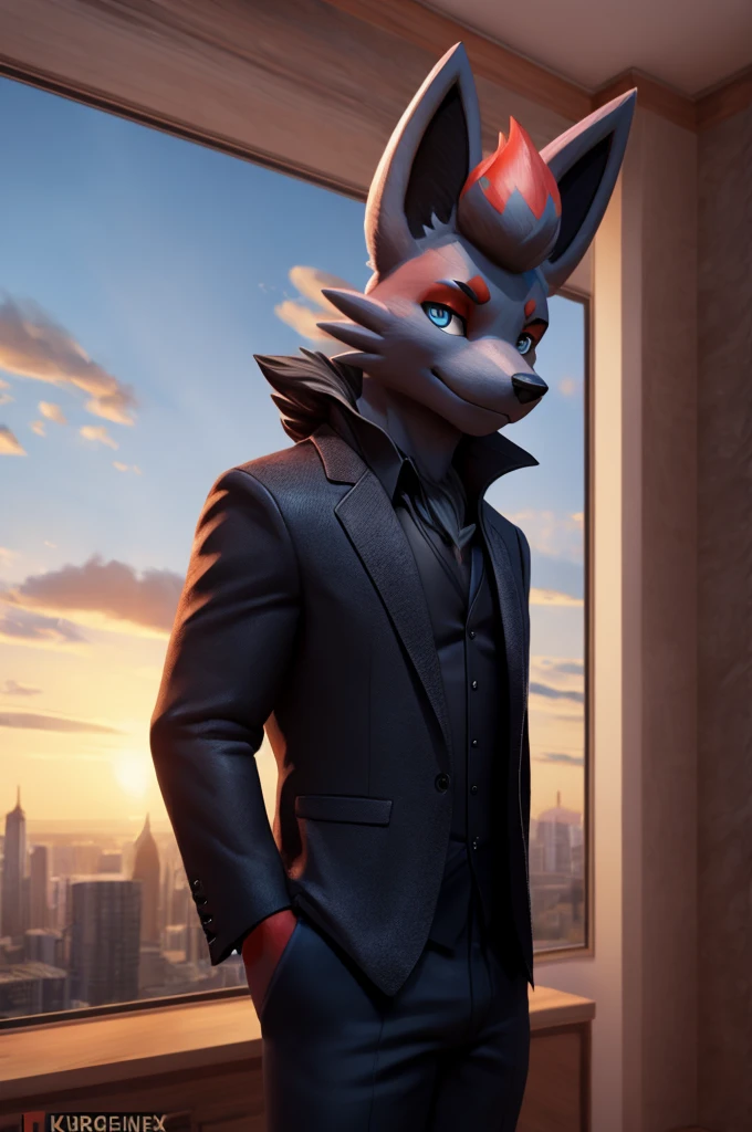 work of art, high qualiy, 4K, beautiful design, Ablaze, Furry, zorua, male, Waering a Blazer, Showing extremely detailed chest, incredible, fine-details, hyperrealisti, 3d, octane rendering, standing alone, tecido Ablaze, posing in an apartment overlooking the sky, Black Embroidery, (by_KuroPenguinEX:1.3)