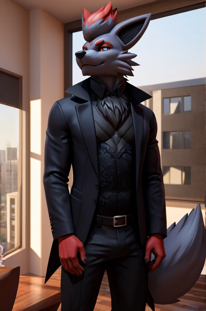 work of art, high qualiy, 4K, beautiful design, Ablaze, Furry, zorua, male, Waering a Blazer, Showing extremely detailed chest, incredible, fine-details, hyperrealisti, 3d, octane rendering, standing alone, tecido Ablaze, posing in an apartment overlooking the sky, Black Embroidery, (by_KuroPenguinEX:1.3)