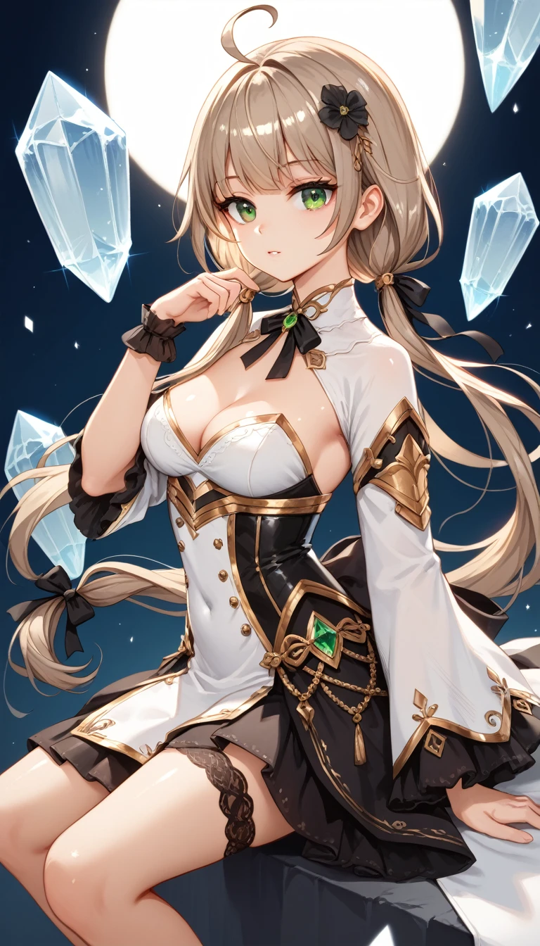 ,(masterpiece, (Highest quality: 1.2), (Beautiful anime images: 1.2) , (Very delicate and beautiful: 1.2)), (((She has light brown, crystal-like hair with ahoge-like crisscrossing bangs and short, low-cut twin tails tied with black ribbons.、She has small, shiny green eyes and perfect golden ratio facial features.)1.5）(She&#39;s sleeping on a dirty broken bed 、（Fat naked man with face cut out）She is forced to spread her legs and is fucked hard and destroyed.)（Torn clothing、She is wearing a cute white camisole dress over a black bra.、Her underwear is long, elegant white bloomers.）（cinematic lighting、The background depicts light and shadow、The location is a broken, dirty, shack.、Backlight、Cel-shaded style shadows）（Anatomically correct position）