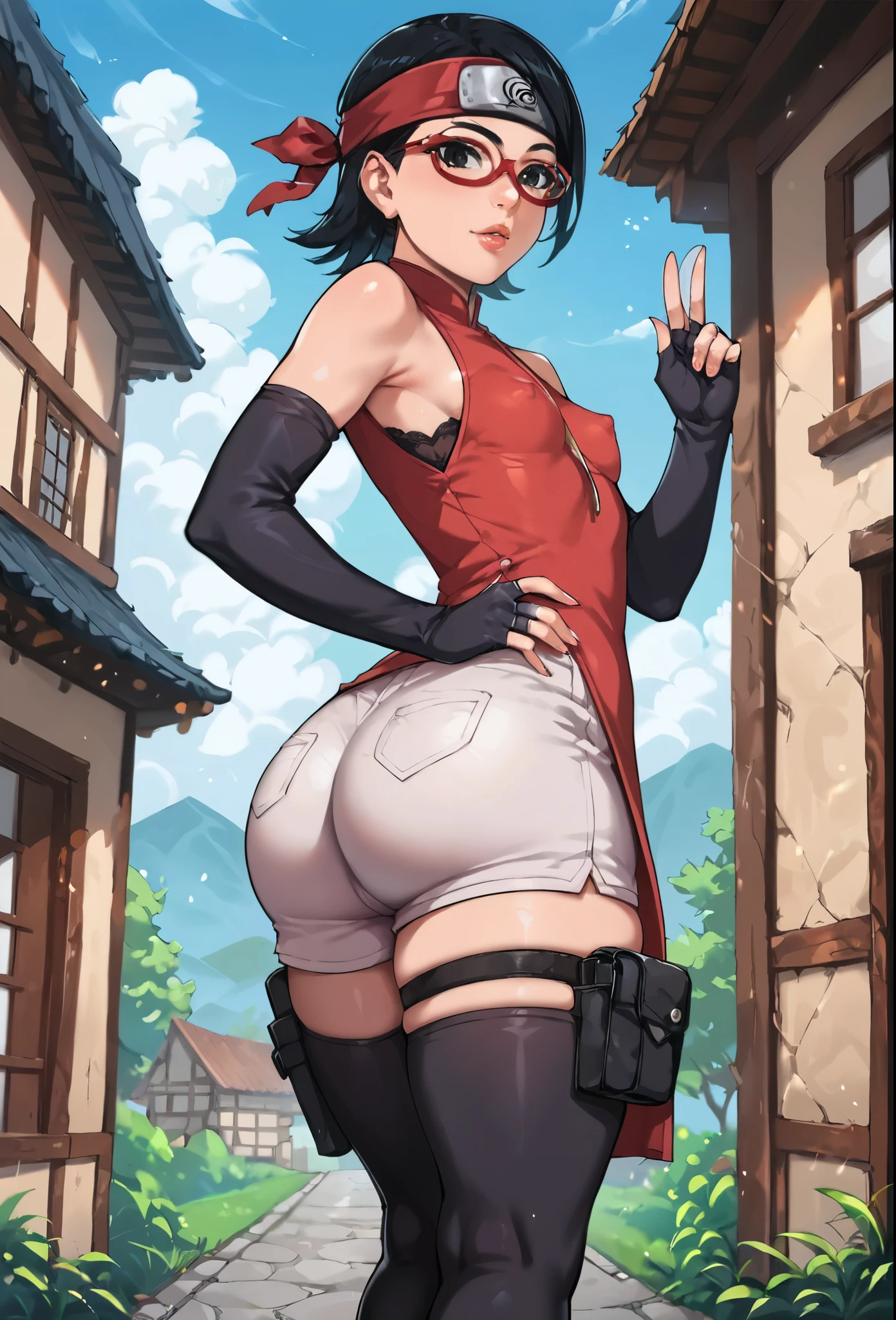 score_9_up, score_8_up, score_7_up, score_6_up, score_5_up, score_4_up, ,zPDXL2, solo, ass focus, rating_safe, perfect face, perfect eyes, D-art art Style, Sarada Uchiha, solo, 1girl, black hair, short hair, red-framed eyewear, headband, glasses, black eyes, double slit red dress, sleeveless, elbow gloves, black gloves, fingerless gloves, white shorts, black thighhighs, thigh holster, large round butt, bubble butt, gluteal fold,thick thighs ,konohagakure village pathway, small breasts ,full lips, wide hips, thick thighs, nipple bulge, Side view, sandals,
